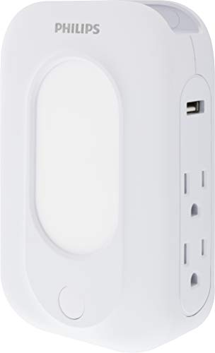 Philips 4-Outlet Extender 2-USB Surge Protector, Wall Adapter with Light-Sensing Night Light, Side Access, 3-Prong, Charging Station, SPP6241WC/37, White, 1 Pack