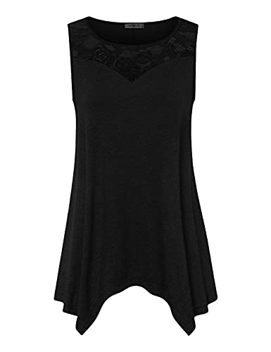 MOQIVGI Black Tank Tops for Women Dressy Lace Patchwork Sleeveless Tshirts Trendy Spring Summer Casual Sexy Elegant Tunic Tanks to Wear with Leggings Medium