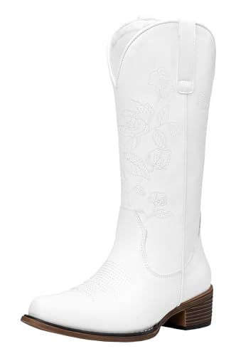 Jeossy Women's 9807 Cowboy Boots Mid Calf Embroidery Flower Boots Western Round Toe Cowgirl Boots, Whisky, Size 6M US-with Side Zipper(DJY9807 Whisky 06)