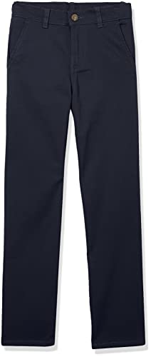 IZOD Boys' School Uniform Twill Khaki Pants, Flat Front & Comfortable Waistband, Navy, 10 Husky