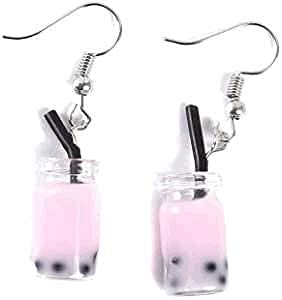 Bubble Tea Earrings Pearl Milk Tea Pearl Milk Student Cute Earrings Women's Short Section (Pink) Useful Processed