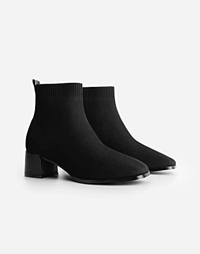 TIJN Women's Fashion Knitted Ankle Boots Classic Square Toe and Chunky Block Mid Heels Comfortable Warm Ankle Booties(Libby)