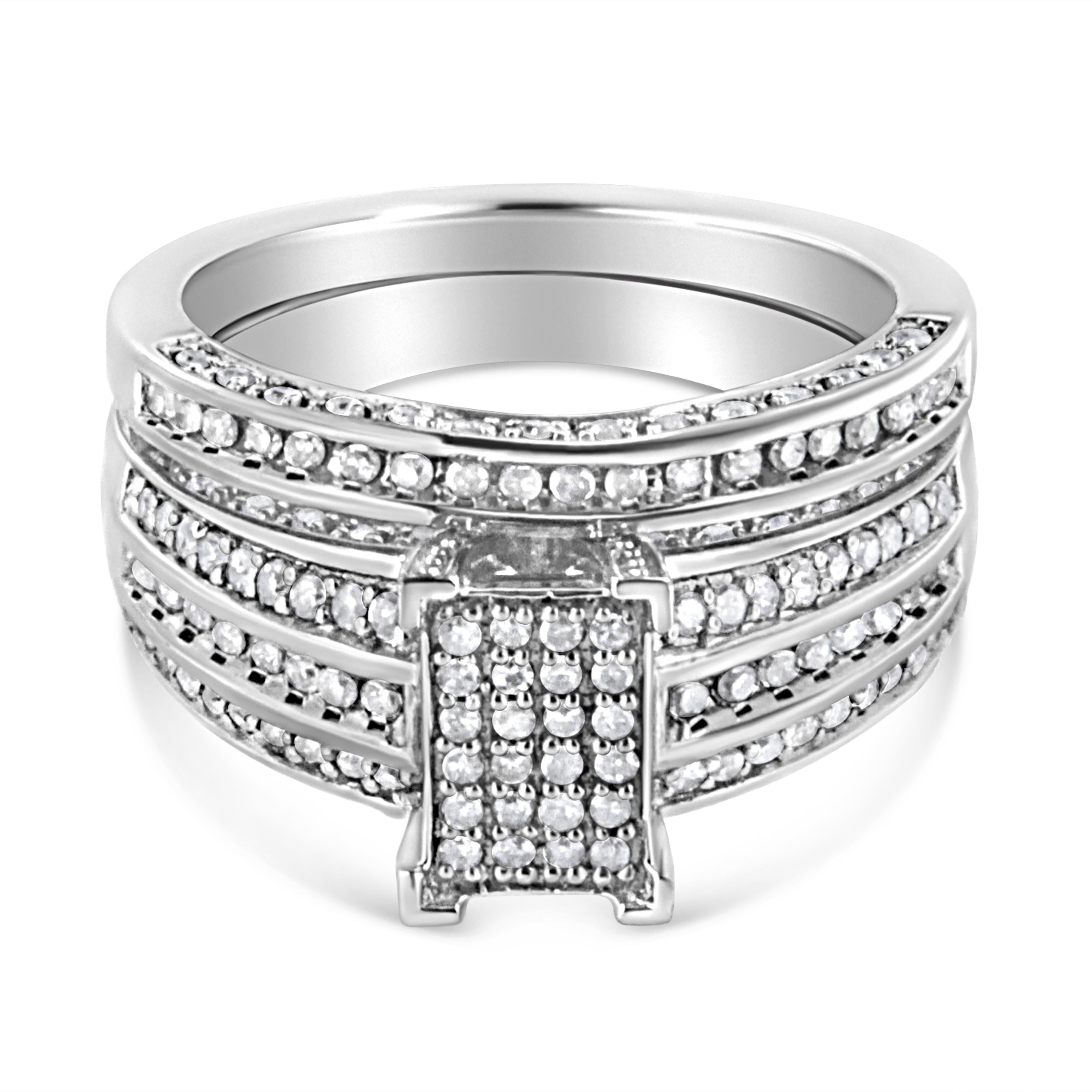 .925 Sterling Silver 3/4 Cttw Prong Set Round Diamond Composite Engagement Ring and Band Set (I-J Color, I3 Clarity) - Size 6.5