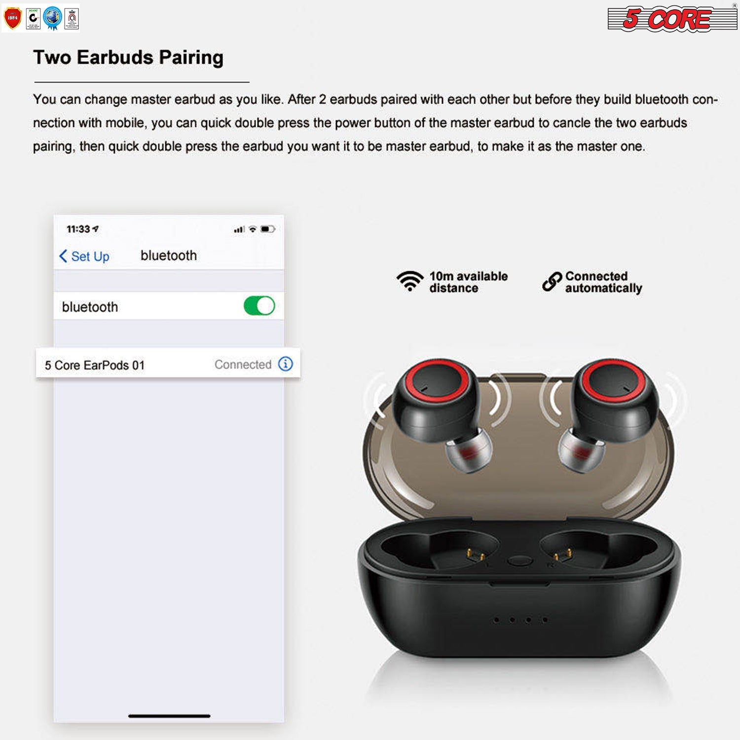 5 CORE Wireless Earbuds Bluetooth 5.0 in Ear Light-Weight Headphones