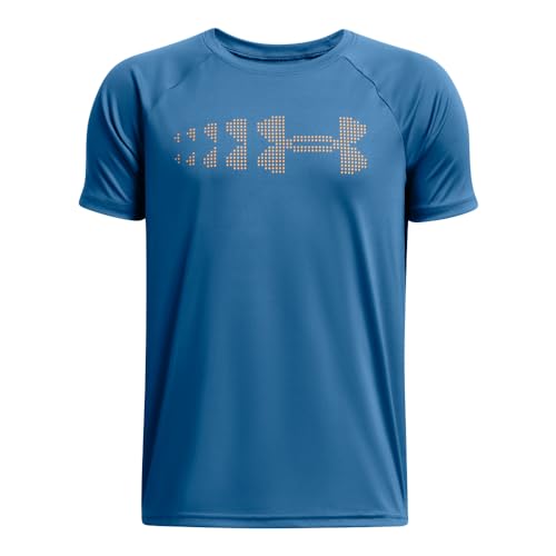 Under Armour Boys' Tech Stadium Lights Short Sleeve T Shirt, (406) Photon Blue / / Wild Orange, Large