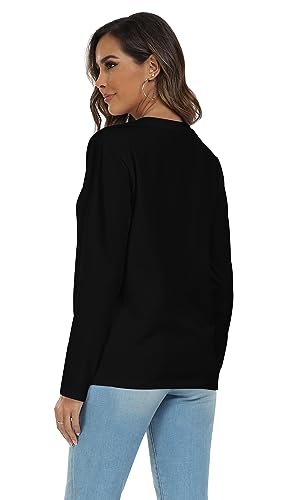 LOVFEE Women's Basic Crewneck Tee Long Sleeve Cotton Tops Loose Fit T-Shirt Black/S