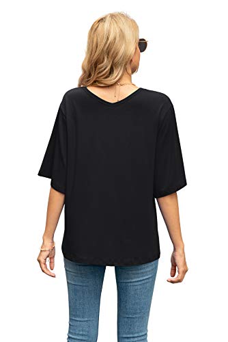 SUEANI Women's Summer V-Neck 3/4 Bell Sleeve Loose Shirt Casual Basic Top(Medium, VG Cerise)