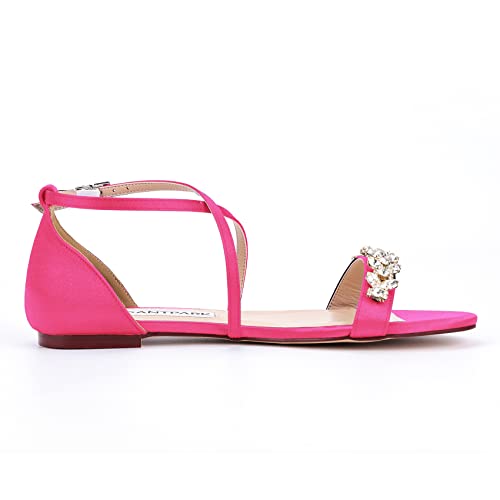 ELEGANTPARK FS2321 Hot Pink Sandals for Women Open Toe Comfortable Strappy Sandals Flats Rhinestones Summer Satin Wedding Evening Party Dress Flat Sandals US 7