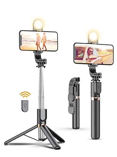 Selfie Stick Tripod with Wireless Remote, 46'' Cellphone Selfie Stick Tripod with LED Fill Light, for iPhone 15/14/14 pro/13/13 Pro/12/11/11 Pro/XS Max/XS/XR/X/8/7 and Android Smartphone(Upgrade)