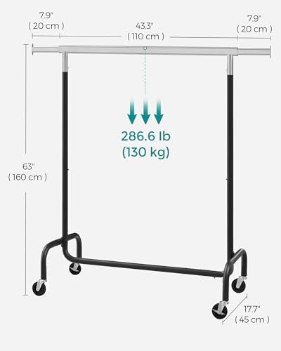 SONGMICS Clothes Rack with Wheels, Heavy-Duty Garment Rack with Extendable Rod, 286.6 lb Load Capacity, 17.7 x (43.3-59.1) x 64.1 Inches, Black and Silver UHSR011E01