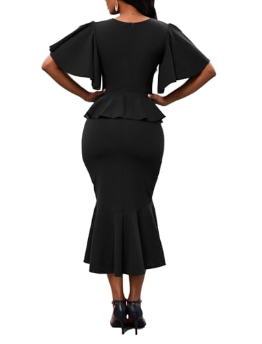 Ruffle Sleeve Fishtail Dress for Women Evening Elegant Cocktail Formal Peplum Midi Mermaid Dresses(Black Small)