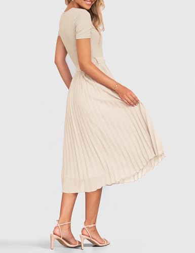 ZESICA Womens Summer Short Sleeve Midi Dresses Spring Casual Crew Neck Knit Belted Pleated A Line Flowy Wedding Guest Dress,Apricot,Small