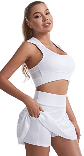 HOW'ON Women's High Waisted Pleated Tennis Skirt Golf for Running Workout Athletic Skirts Casual Workout Shorts with Pockets White S