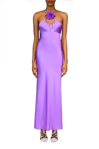 Rodarte, Purple Silk Satin Bias Dress With Ruched Bust And Silk Flower Detail, 2, Purple