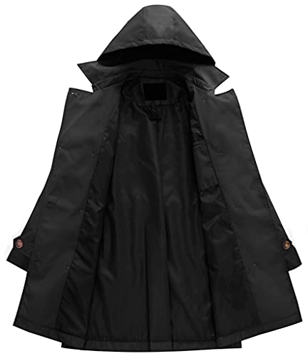 Chrisuno Trench Coats for Women Women's Windproof Waterproof Long Coat Classic Double Breasted Lapel Belt with Removable Hood Black Velvet Lined S