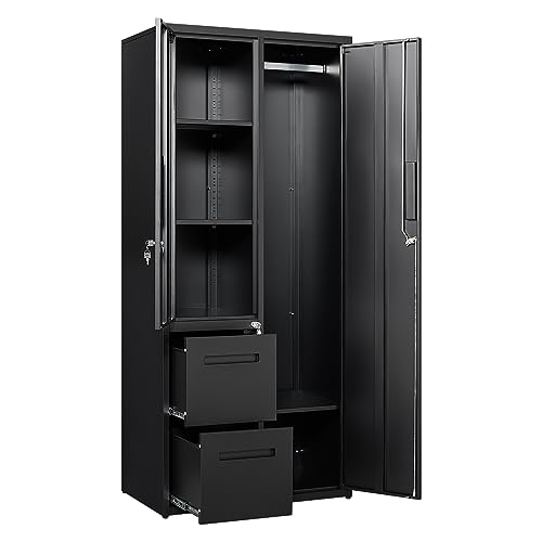 PEUKC Metal Storage Cabinets with Locking Doors, 67" Freestanding Clothing Coat Storage Wardrobe Lockers for Office, Home, School, Garage, Gym (Black)