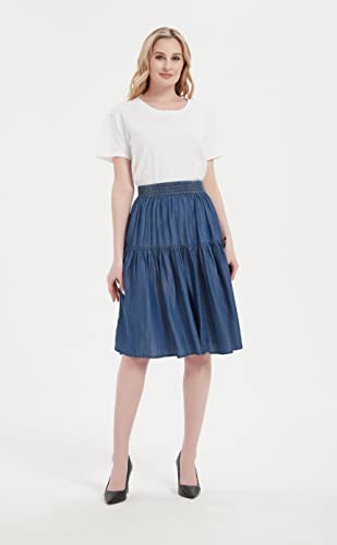 Tronjori Womens A Line Lightweight Tencel Denim Tiered Short Skirt Knee Length (XS, Light Blue)