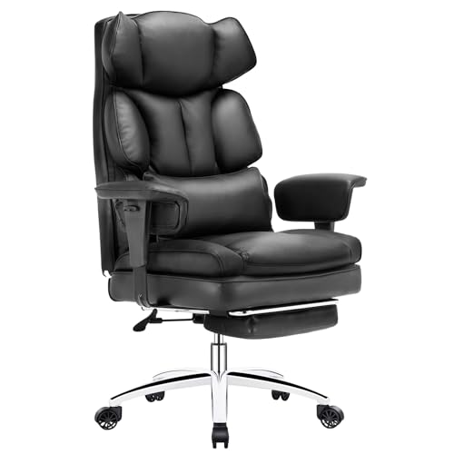 Sweetcrispy Executive Home Office Desk Chair Ergonomic Big Tall High Back with Footrest & Lumbar Support, Reclining Height Adjustable Comfy PU Leather Computer Gaming with Swivel Wheels, Black