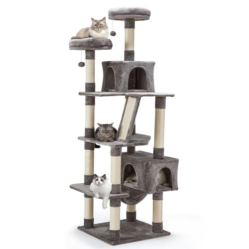 Small Cat Tree Tower, 27.5" Tall Natural Sisal Cat Tree, Double Base Cat Scratching Post with Cat Self Groomer Brush, Soft Plush Cat Perch Bed with Dangling Ball for Indoor Kittens, Colorful Cat Tree