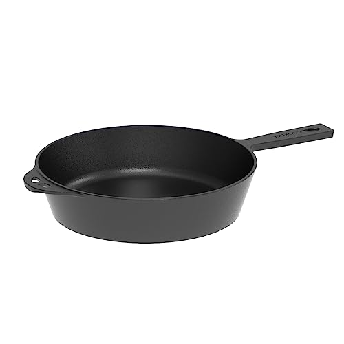 COOKLIFE 10.25 Inch Pre-Seasoned Round Cast Iron Skillet with Cover, Frying Pan with Long Handle - Use in the Oven, Over a Campfire Fire or on the Stovetop, Induction,Grill (Black)