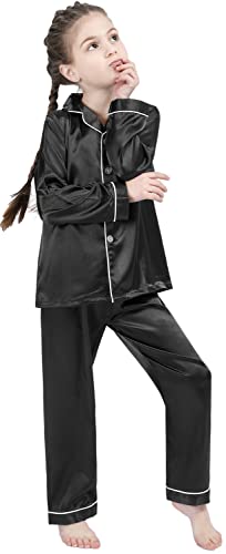 DF-deals Girls Boys Kids Silk Satin Pajamas Set Button-Down Clothes Long Sleeve Loungewear Sleepwear PJS Rose 140