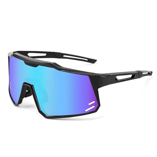 FEISEDY Sports Sunglasses Wraparound 80s Visor Men Women Outdoor Shield Baseball Sunglasses B4125 (Black Frame/Blue Mirror)