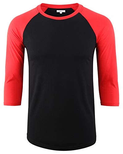 Vetemin Men's Casual Soft 3/4 Raglan Sleeve Crewneck Sports Running Jersey Baseball Tee Active Shirts Black/Flame Red S