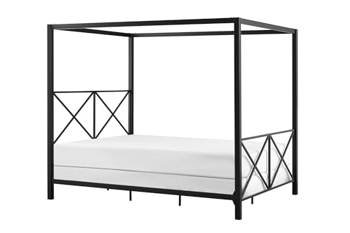 DHP Rosedale Metal Canopy Bed Frame with Four Poster Design and Geometric Accented Headboard and Footboard, Underbed Storage Space, Queen, Black