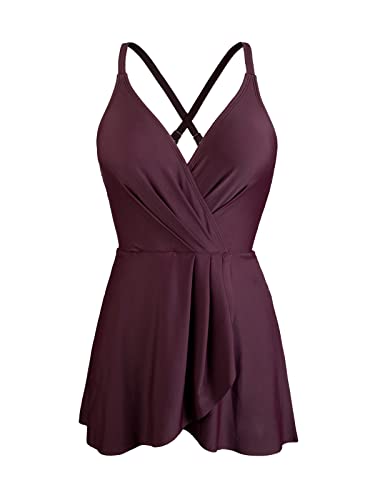 CUPSHE One Piece Swimsuit for Women Tummy Control Swim Dress Crisscross Ruched Skirted Bathing Suits with Bottom XS, BlackBerry Wine