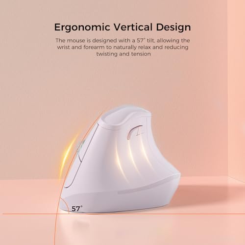 KYSONA 57° Ergonomic Wireless Tower Mouse, Vertical Quiet Ergo Mouse, Bluetooth(BT5.0,BT3.0)&2.4G, (800/1200/2400/2400/4000), 7 Buttons for Windows, macOS, iPadOS, Laptop, PC, Pink