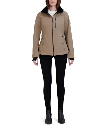 HFX Women's Softshell Power Stretch Fur Lining Jacket with Adjustable Hood, Beige