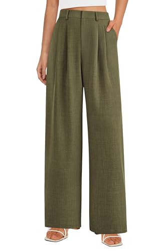 PRETTYGARDEN Women's Summer Work Pants Elastic High Waisted Straight Leg Business Casual Dressy Trousers Slacks with Pockets (Army Green,Small)