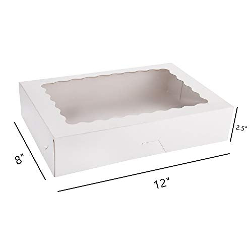 Tcoivs 20-Pack Bakery Boxes with Window, 12" x 8" x 2.5", Large White Cookie Boxes, Auto-Popup Treat Boxes for Pies, Cakes, Muffins, Donuts and Pastries