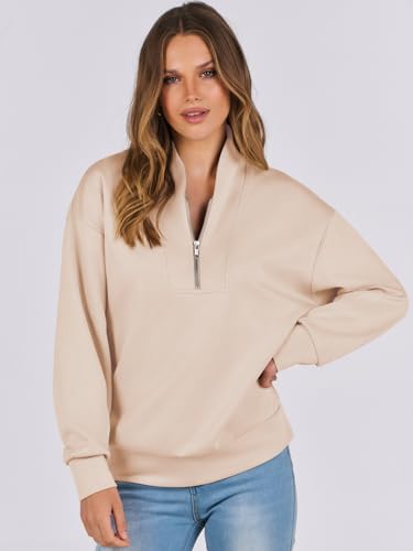 ANRABESS Women Oversized Half Zip Sweatshirts Long Sleeve Quarter Zip Pullover Hoodies Trendy 2024 Fall Outfits Apricot Small