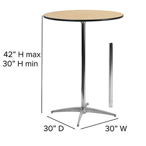 Flash Furniture 30'' Round Wood Cocktail Tables with 30'' and 42'' Columns, Adjustable Wood Bar Height Tables for Events or Home Use, Set of 4, Natural