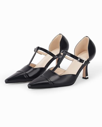 Coutgo Womens Kitten Heels T Strap Pumps Closed Pointed Toe D'Orsay Work Office Dress Shoes, Beige, Size 10