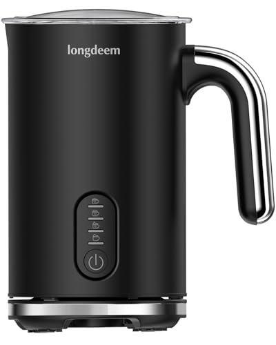 LONGDEEM Milk Frother, 4-in-1 Electric Milk Foamer with Cold & Hot Froth for Latte Cappuccino - Automatic Coffee Foam Maker, Stainless Steel, 10 oz/300 ml, Non-Stick Coating with Auto Shut-Off, Black