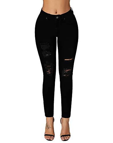 roswear Women's Essentials Ripped Mid Rise Destroyed Skinny Jeans Black Small