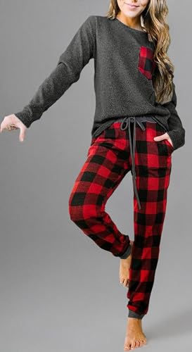 Artfish Women's Loungewear Outfits Pjs Long Sleeve Tops and Buffalo Plaid Joggers Pants Pajamas Set with Pockets (Black-Red Plaid,XL)