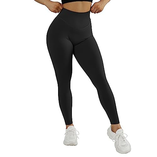 MOSHENGQI Seamless Workout Leggings for Women Butt Lifting High Waisted Tummy Control Yoga Pants(L,008-Black-tummy control)