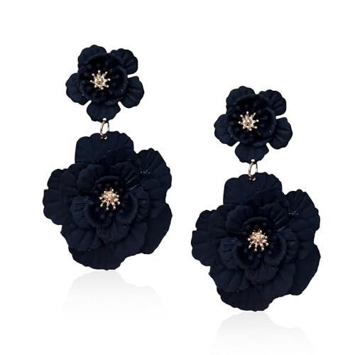 Just Follow Large Double Flower Earrings Candy Color Metal Flower Dangle Earrings Romantic Boho Sweet Flower Statement Earrings for Women Girl Wedding Party Jewelry (Black)