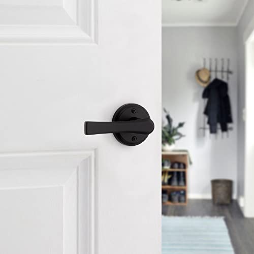 Kwikset Katella Entry Door Handle with Lock and Key, Secure Keyed Reversible Lever Exterior, For Front Entrance and Bedrooms, Matte Black, Pick Resistant Smartkey Rekey Security and Microban