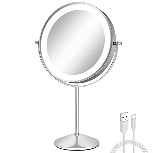 FFowcye 8" Lighted Makeup Mirror with Adjustable Height, 1X/10X Magnification, Rechargeable LED Vanity Mirror with 3 Color Modes, 360° Rotating Touch Screen, Magnifying Tabletop Cosmetic Mirror