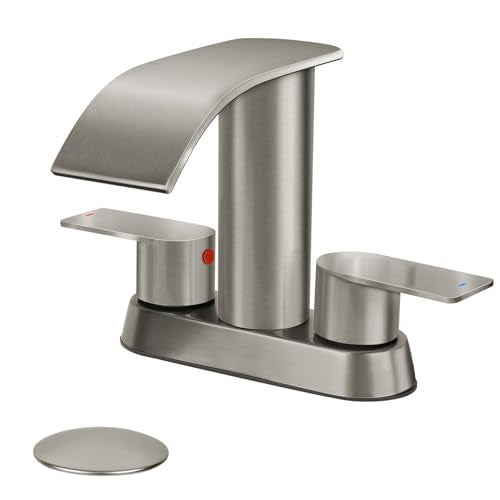 M OUDEMEI Two Handles Waterfall Bathroom Faucet, 4 Inch Centerset Sink Faucet, 2 or 3 Holes Bathroom Sink Faucet, Stainless Steel Lavatory Vanity Faucet with Pop Up Drain (Brushed Gold)