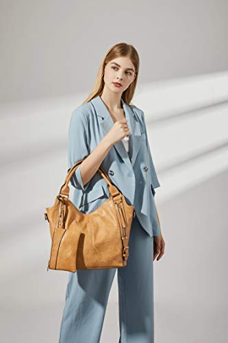 Women Tote Bag Handbags PU Leather Fashion Hobo Shoulder Bags with Adjustable Shoulder Strap (M, Apricot)