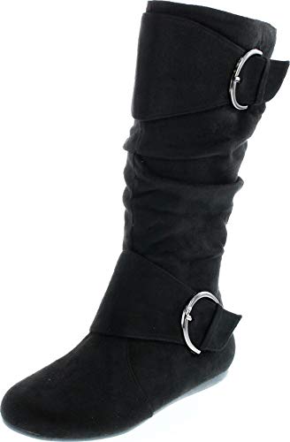 Forever Link Women's Klein-70 Closed Round Toe Buckle Slouch Flat Heel Mid-Calf Boot,Tan-bd,5.5