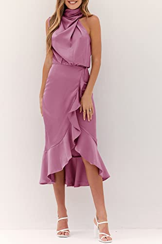 MITILLY Women's Satin Sleeveless Mock Neck Elastic Waist Bodycon Wrap Mermaid Hem Formal Cocktail Party Maxi Dress Small Dusty Rose