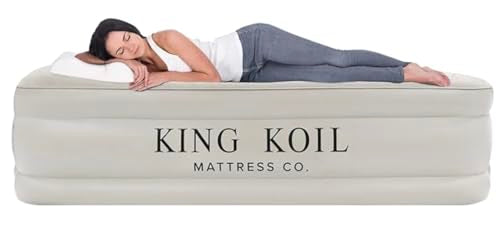King Koil Plush Pillow Top Twin Air Mattress with Built-in High-Speed Pump for Camping, Home & Guests - 20” Twin Size Airbed Luxury Inflatable Blow Up Mattress, Waterproof, 1-Year Warranty