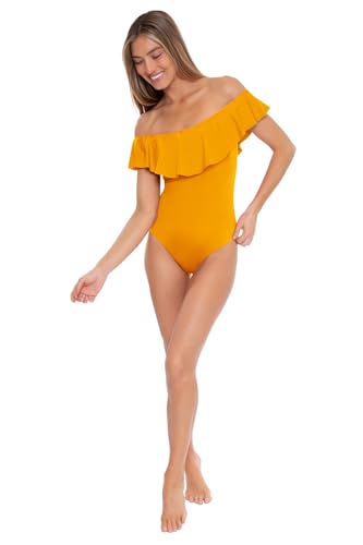 Trina Turk Women's Standard Monaco Ruffle Bandeau One Piece Swimsuit, Off Shoulder, Bathing Suits, Mellow Yellow