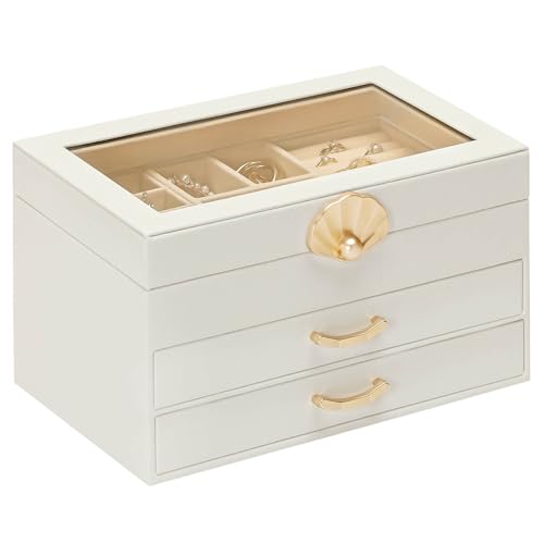 Enthralite Jewelry Box with Glass Lid | 3-Layer Jewelry Organizer with 2 Drawers for Necklaces, Earrings, Rings, Bracelets| Gift for Women Girls | White